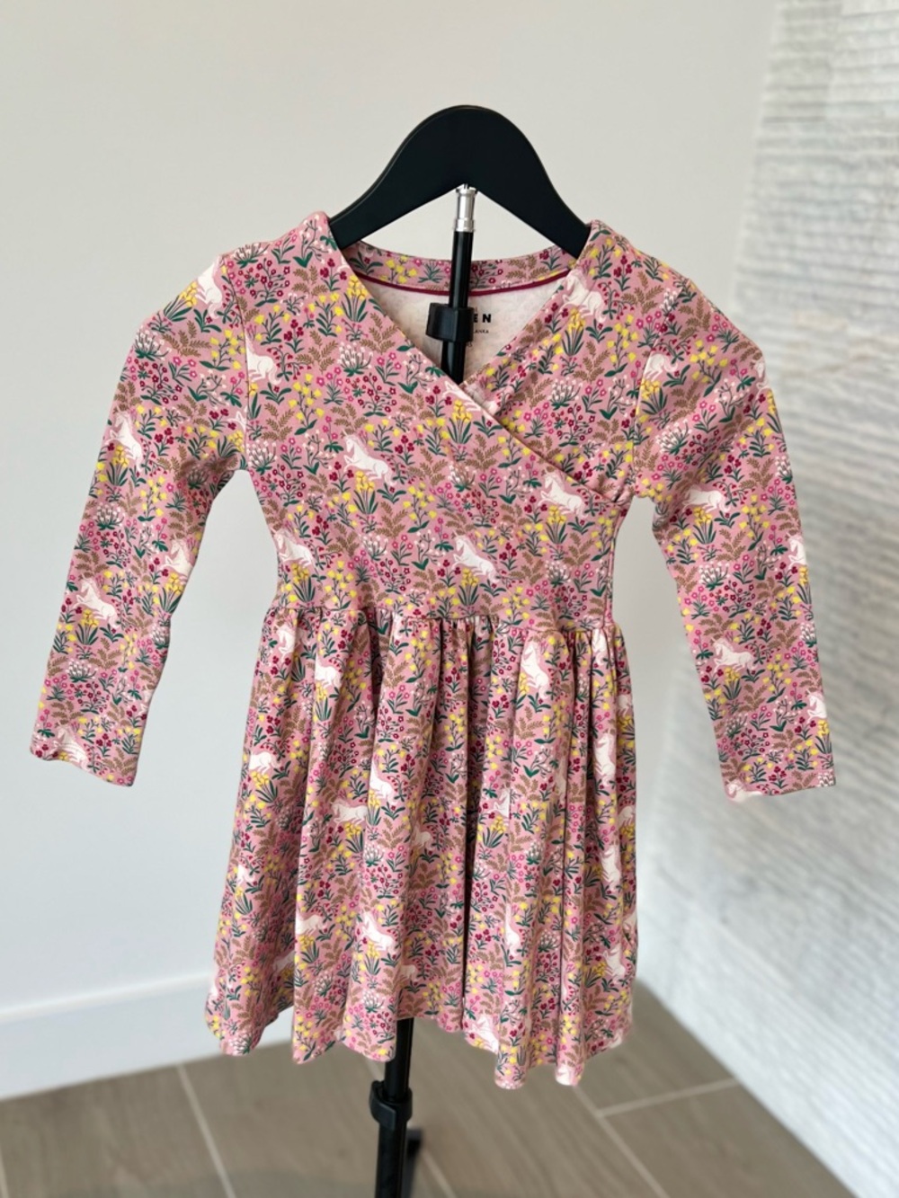 Mini Boden Pink Floral Faux-Wrap Long-Sleeve Dress